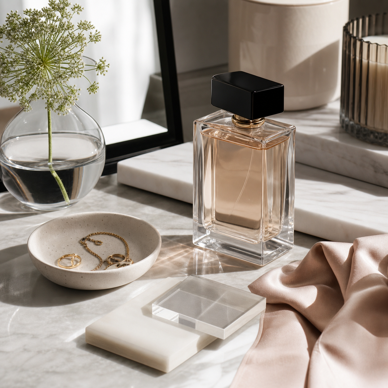 Perfume, jewelry dish, and silk styling set