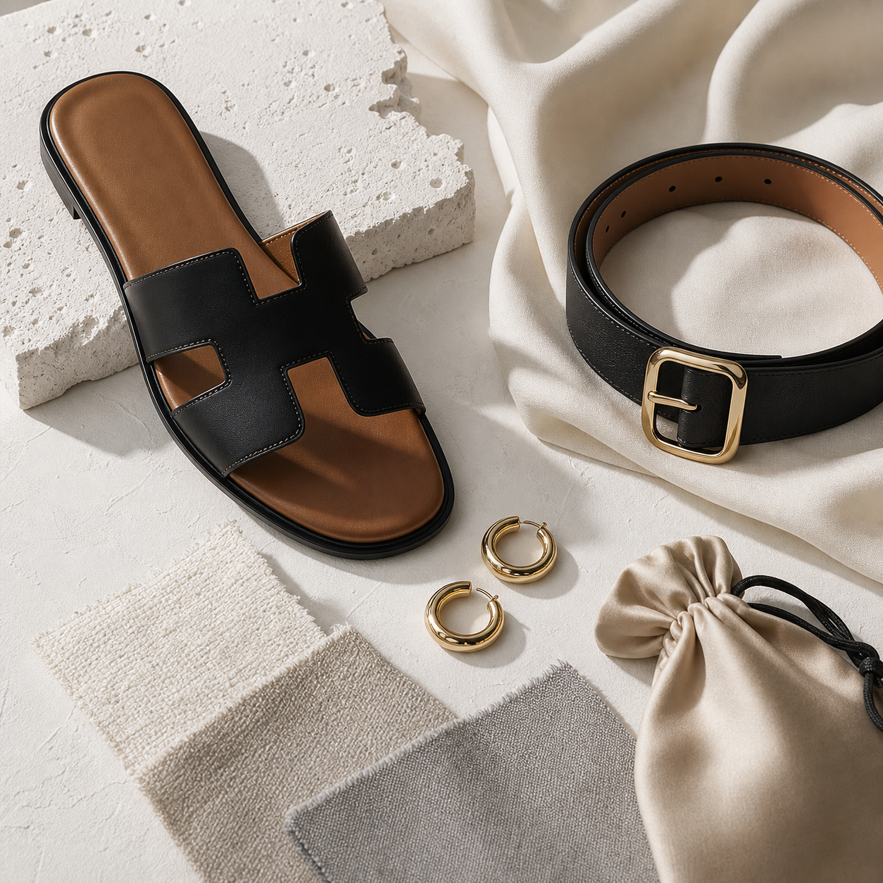 Fashion flat lay with leather and jewelry