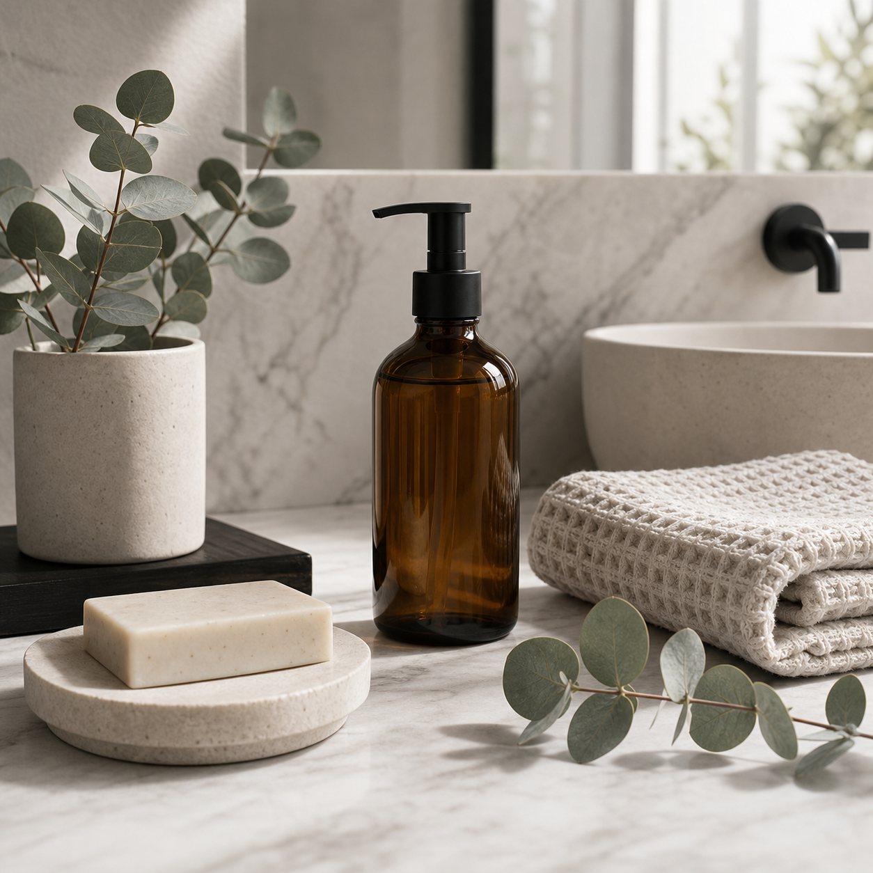 Wellness bottle, towel, and spa objects