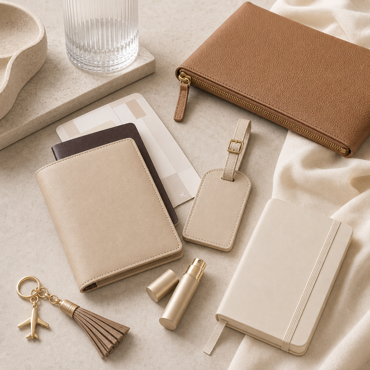 Warm neutral travel accessories with passport holder and luggage tag