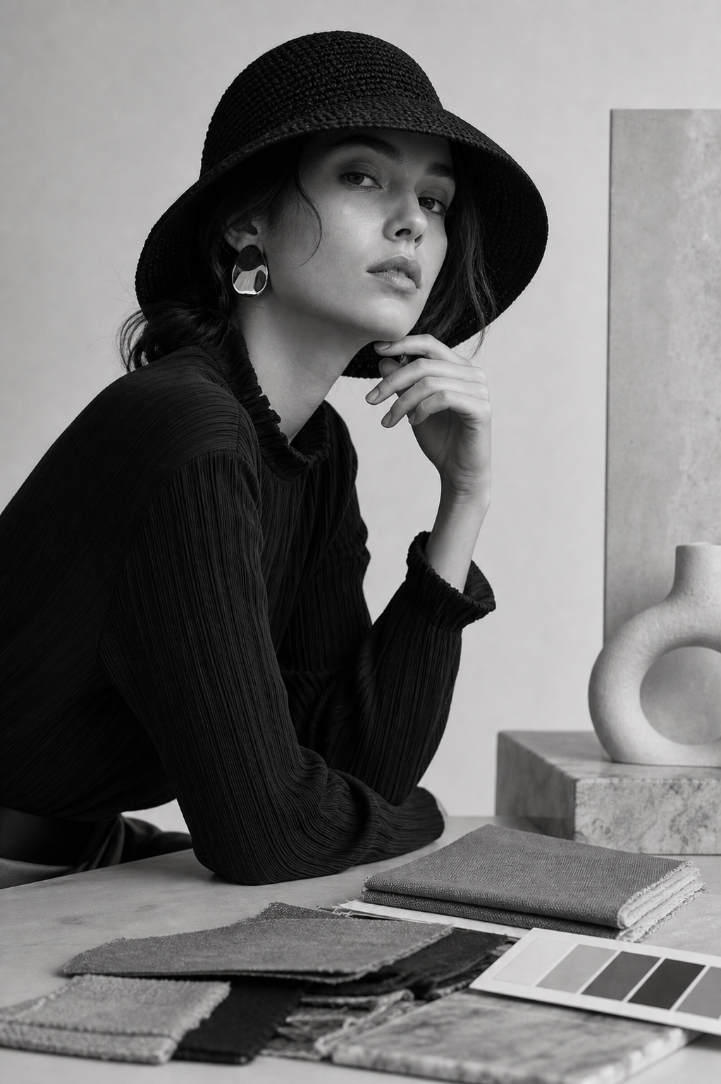 Black and white editorial portrait with sculptural styling